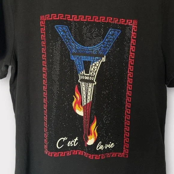 Rare Laverita Rhinestone Eiffel Tower Crew Shirt Graphic T-Shirt Black Large - Picture 2 of 4
